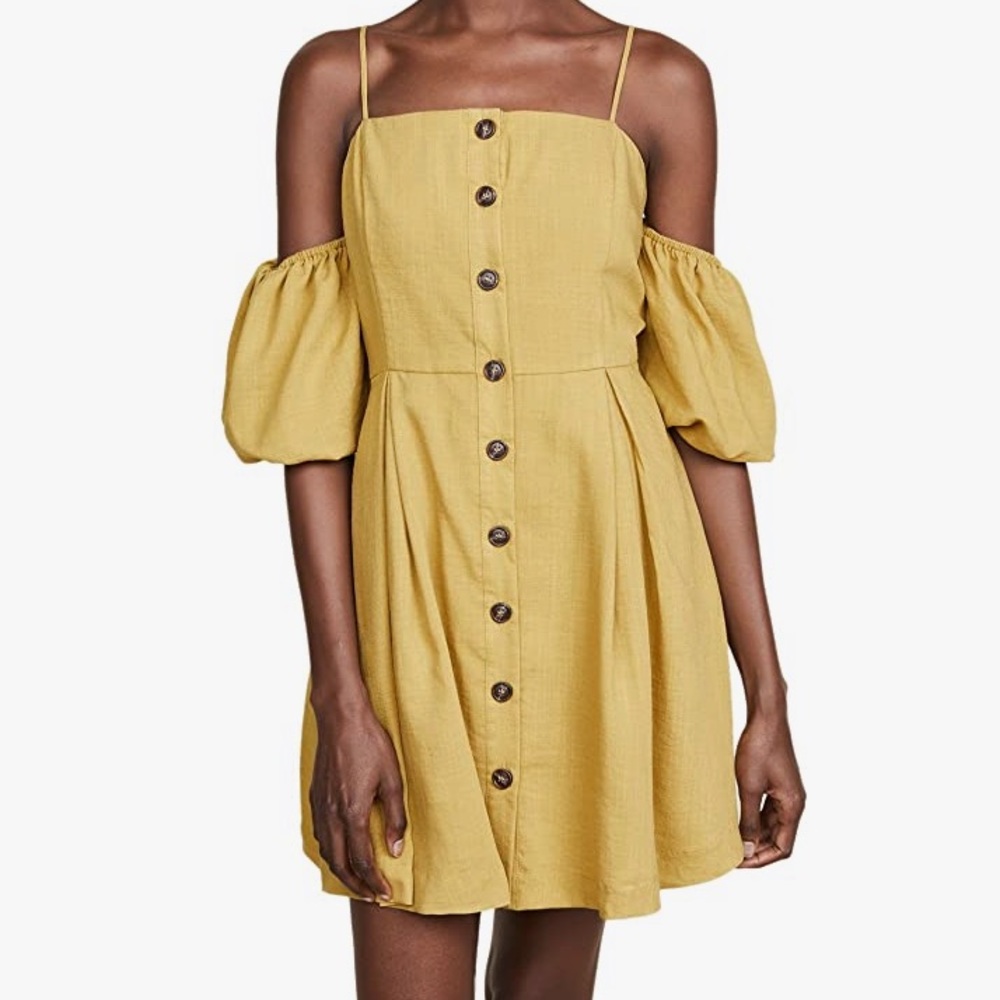 J.O.A. Cold Shoulder Button Yellow Mini Dress